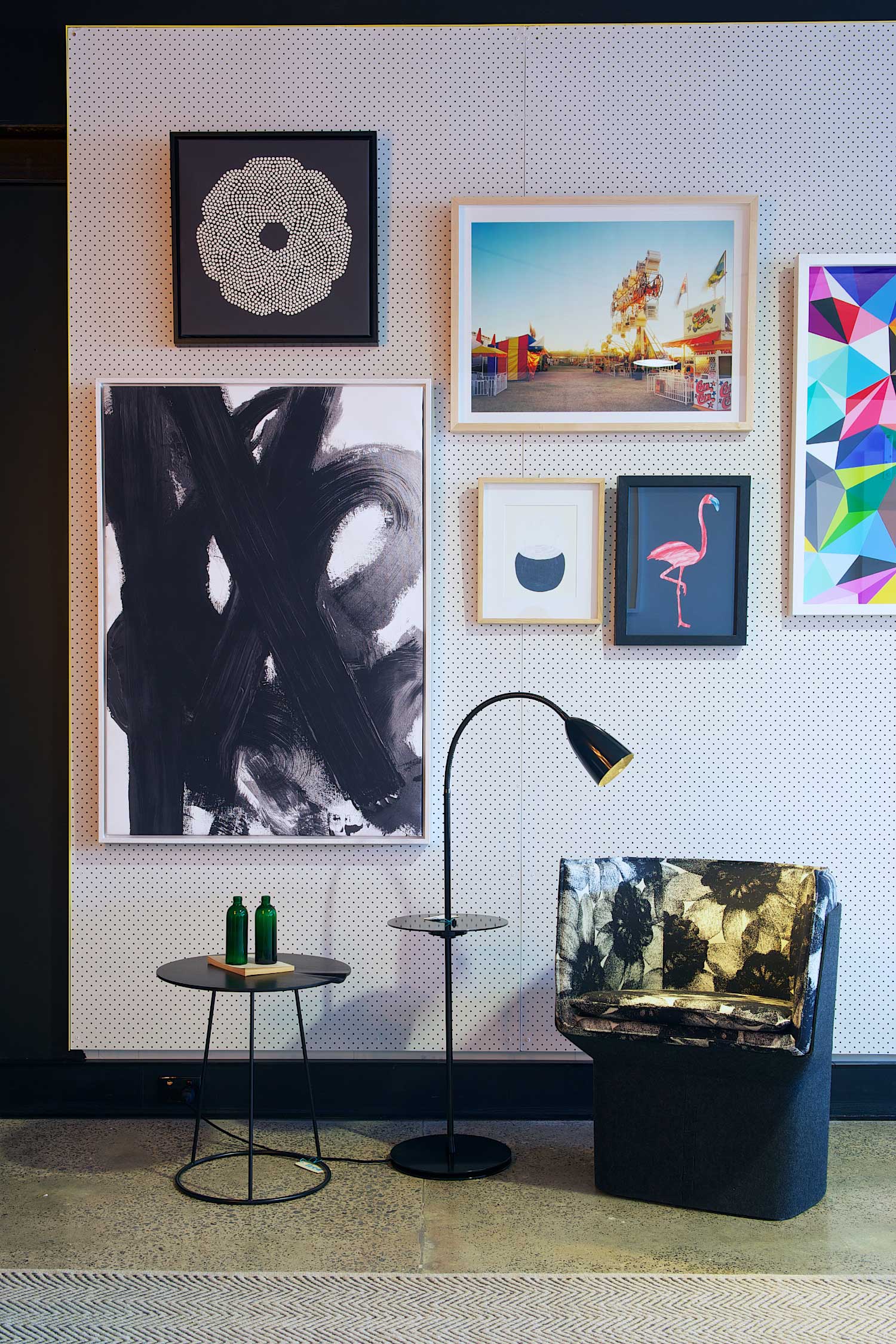 Fred International Sydney Showroom by Yellowtrace | Photo © Nick Hughes. Fred International Sydney Showroom by Yellowtrace, Artwork by I Need Nice Things, Swedese Breeze side-table, Ruben Lighting Ark floor lamp, Swedese Glove chair.